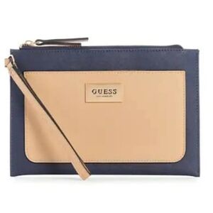 GUESS Keera Slg Wristlet Wallet Faux Leather Two Tone‎ Navy Tan Minimalist Bag